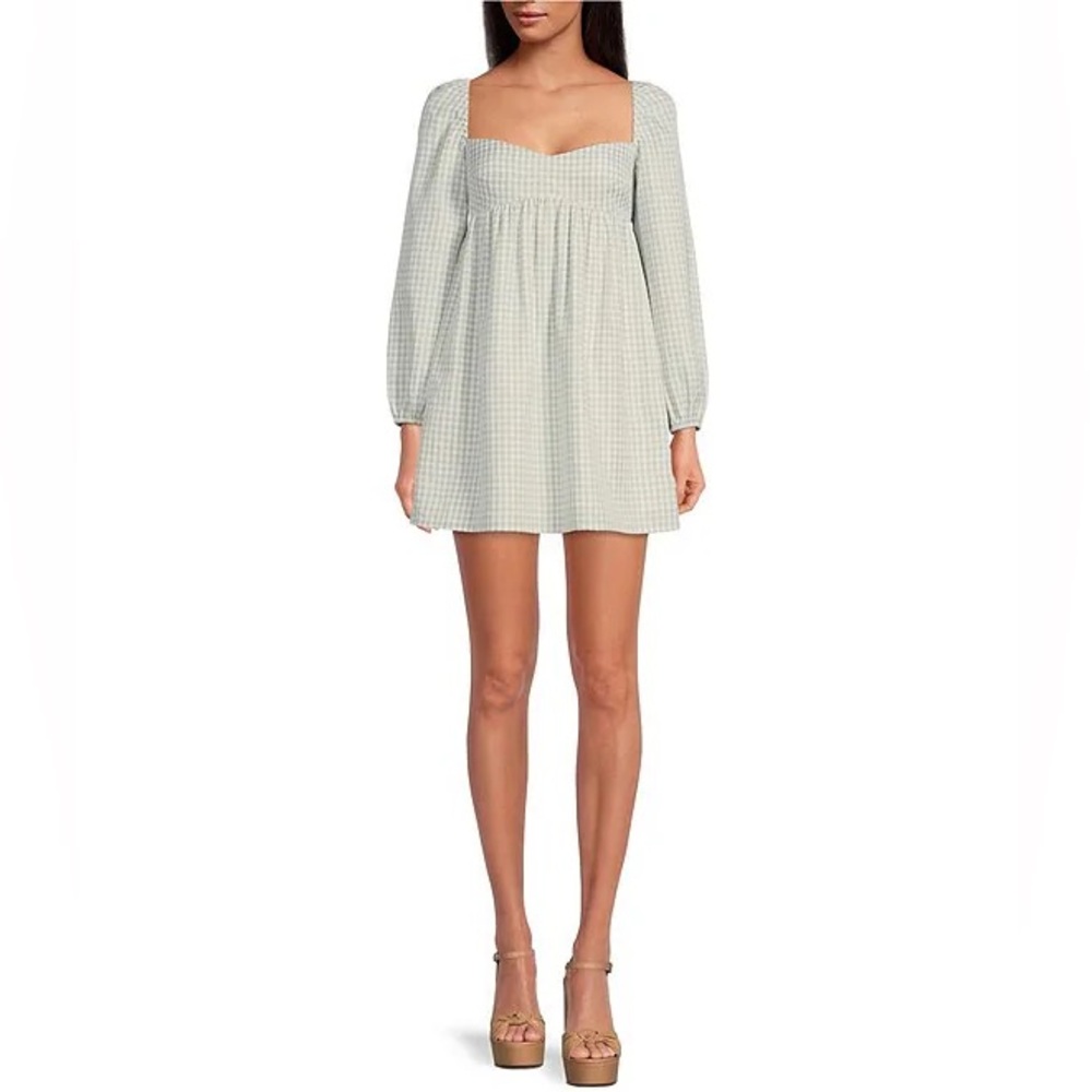 🆕 Ivory & Moss Gingham Long Sleeve Sweetheart Neck Babydoll Dress - Picture 10 of 11